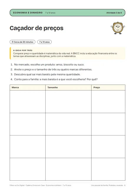 Página de atividade do caderno Economia e dinheiro