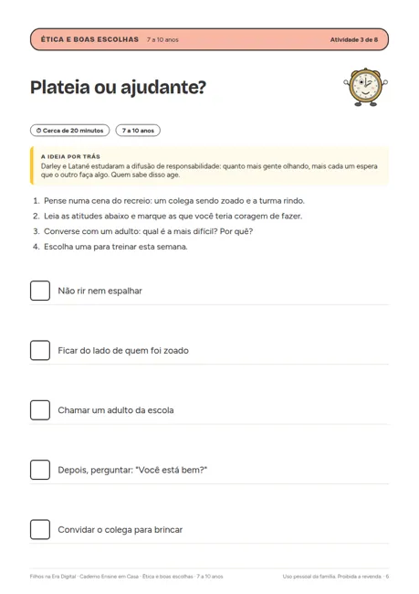 Página de atividade do caderno Ética e boas escolhas