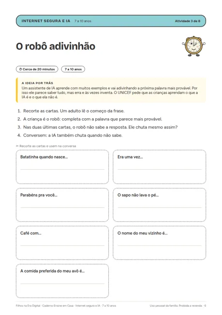 Página de atividade do caderno Internet segura e IA
