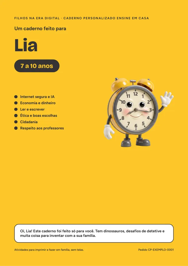 Capa de um caderno personalizado de exemplo, feito para uma criança fictícia chamada Lia