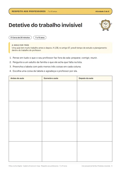 Página de atividade do caderno Respeito aos professores