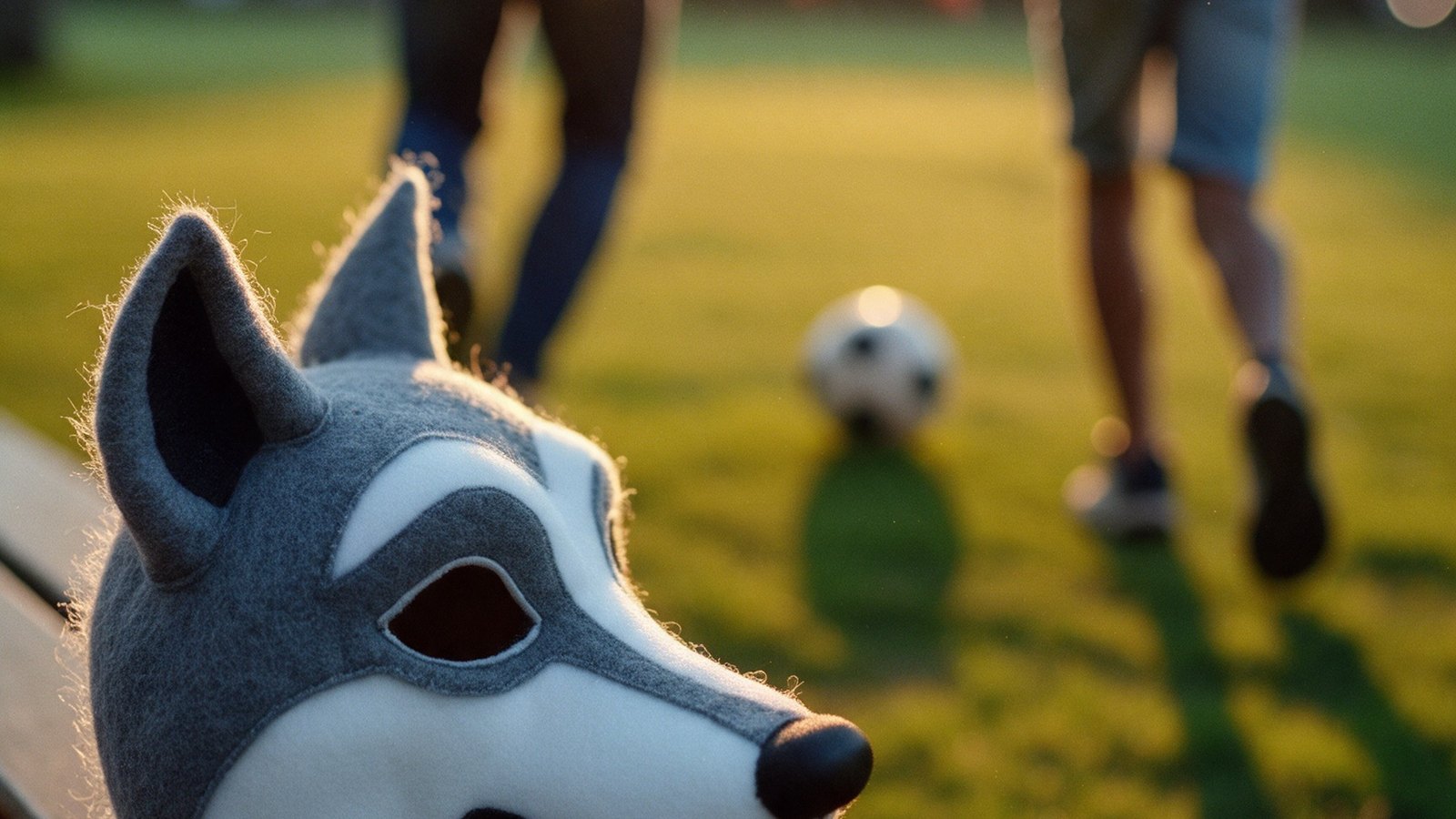 Máscara de lobo esquecida num banco de praça enquanto pai e filho jogam bola ao fundo